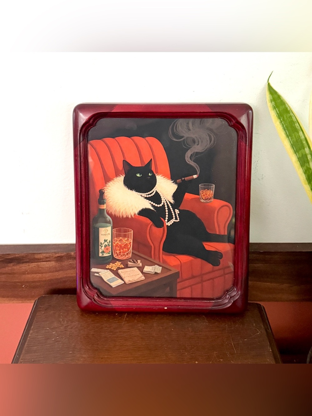 Black Cat Drinking Whiskey Smoking a Cigar Quirky Canvas Art Print Vtg Framed